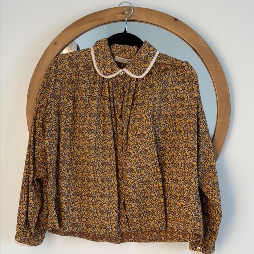 Christy Dawn Brown and Black Long Sleeve Blouse with Peter Pan Collar